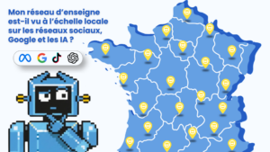 Réseaux d’enseignes : comment gagner en visibilité locale sur Google, les réseaux sociaux et les IA ? 1 Carte de France illustrant la visibilité locale d’un réseau d’enseignes sur Google, les réseaux sociaux et les IA