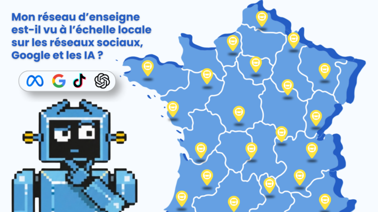 Carte de France illustrant la visibilité locale d’un réseau d’enseignes sur Google, les réseaux sociaux et les IA
